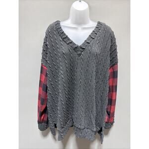 Luukse Women's Gray Plaid Sleeve Knit Casual Sweater Cabincore Cozy Casual 2X